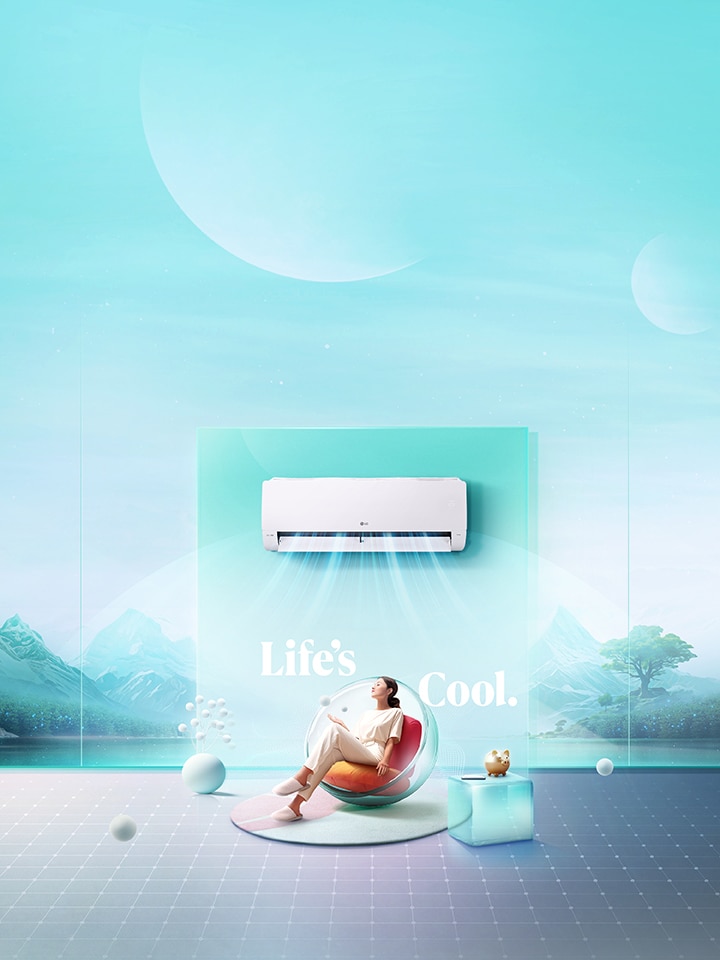 บนโซฟาในห้องนั่งเล่นโดยมีเครื่องปรับอากาศ LG ติดตั้งไว้บนผนังเหนือเธอ กระแสอากาศสีฟ้าอยู่บนภาพเพื่อระบุว่าเปิดอยู่และทำให้ห้องเย็นขึ้น	
